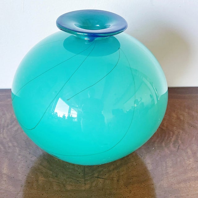 Vintage Mouth-Blown Art Glass Round Bowl-Shaped Vase in Vibrant Blue, Signed For Sale In Los Angeles - Image 6 of 6