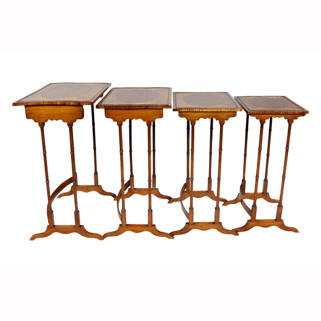 Brown Late 19th Century Edwardian Satinwood and Amboyna Quartetto Tables - Set of 4 For Sale - Image 8 of 11