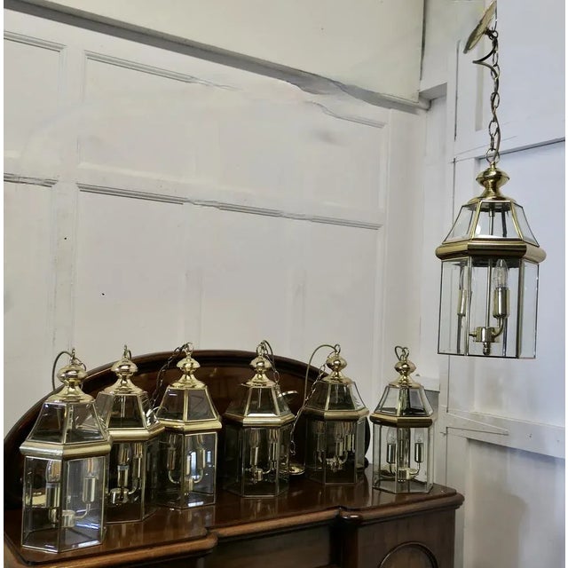 Art Deco Brass & Glass Hall Lanterns, 1970s, Set of 7 For Sale - Image 4 of 12