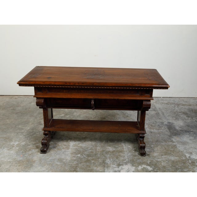 Italian 1800s Walnut Trestle Base Table with Two Drawers and Carved Motifs For Sale - Image 12 of 12