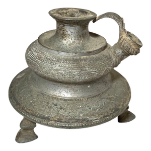 Rare Antique 18th Century Islamic Middle Eastern Footed Engraved Bronze Oil Lamp