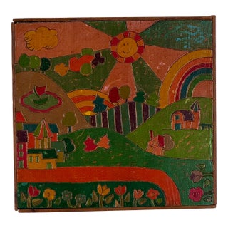 Vintage Folk Art Painting in Carved & Painted Wood Panel of Playful Whimsical Village For Sale