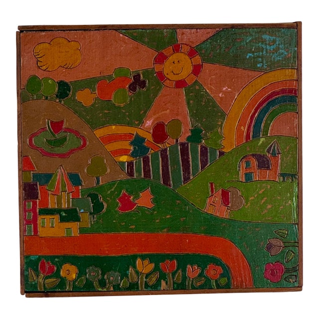 Vintage Folk Art Painting in Carved & Painted Wood Panel of Playful Whimsical Village For Sale