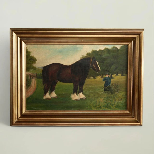 Transporting pair of 19th century English oil paintings on canvas of Clydesdale horses in a countryside setting with...