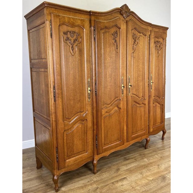 Vintage French Louis XVI Style Carved Oak 4-Door Wardrobe For Sale - Image 12 of 12