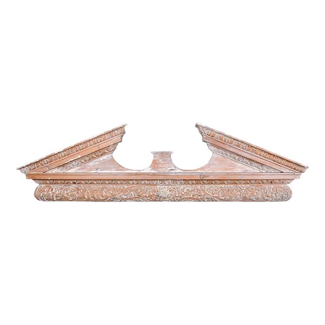 Large Limed Wooden Overdoor Split Pediment With Highly Carved Bottom Edge For Sale
