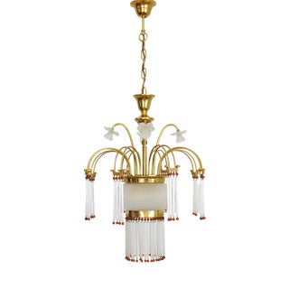 Art Nouveau Style Chandelier in Brass with Pendants and Glass Globe with 3 Lights, Italy, 1980s For Sale