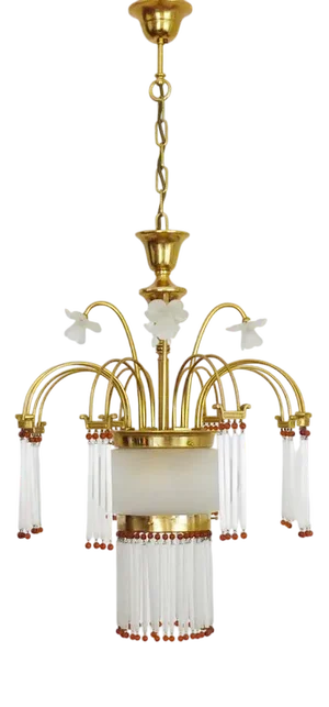 Art Nouveau Style Chandelier in Brass with Pendants and Glass Globe with 3 Lights, Italy, 1980s