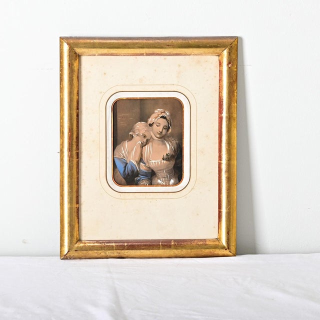 French, 19th century hand-colored lithograph print of two young ladies from the important firm of Madame Pottin in Nantes....