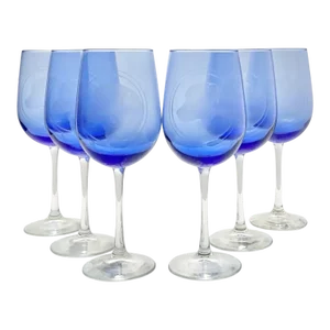 1990s Set of 6 Cobalt Blue Golden Retriever Labrador Dog Etched Glasses
