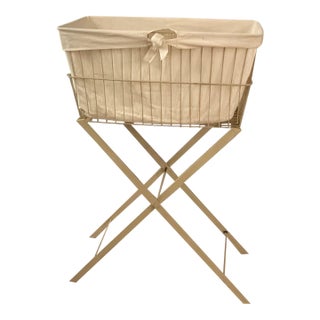 Mid 20th Century Metal Laundry Ironing Basket on Collapsible Frame Newer Homemade Yellow Liner For Sale