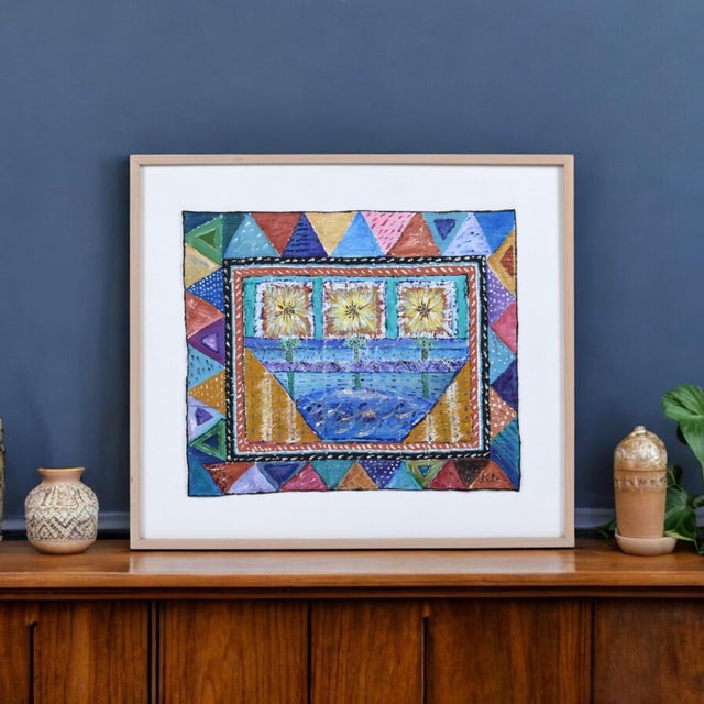 Incredibly unique contemporary art piece. This mixed-media piece combines textile arts and painting. The painting appears...