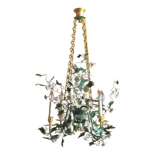Italian Tole and Brass Floral Four Light Chandelier For Sale