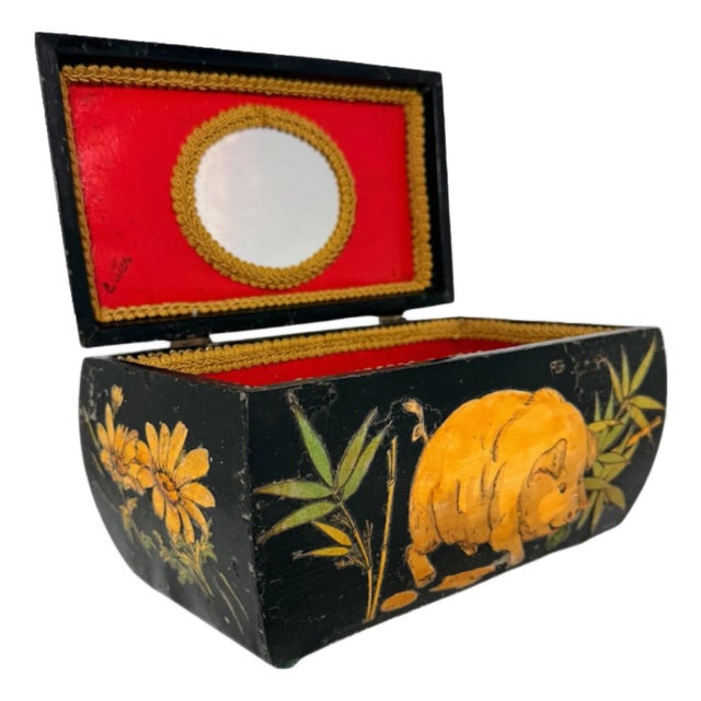 Vintage Hand Painted Chinese Wood Jewelry Box Black Lacquer Pig Flower Bamboo Red Interior For Sale