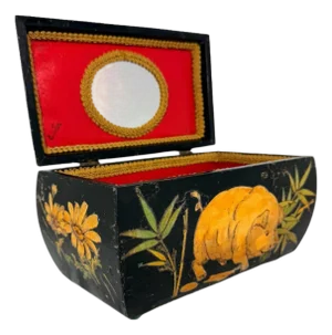 Vintage Hand Painted Chinese Wood Jewelry Box Black Lacquer Pig Flower Bamboo Red Interior