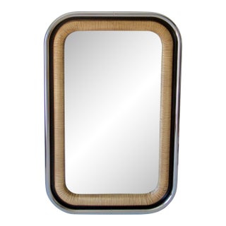 Boho Chic Tubular Chrome, Radius Rounded Wall Mirror With Wood, Chrome & Reeded Pencil Trim Wicker For Sale