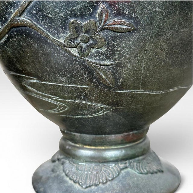 Antique Japanese Meiji Period Patinated Bronze Vase Table Lamp With High Relief Bird and Flower Silk Pagoda Shade For Sale - Image 9 of 13