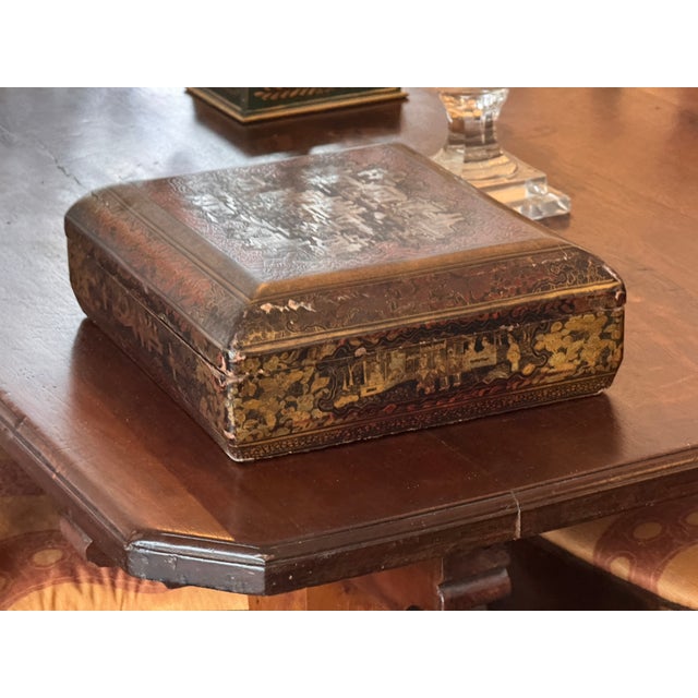 Chinoiserie 19th Century Chinoiserie Painted Lacquer Box With Figural and Floral Decoration For Sale - Image 3 of 8