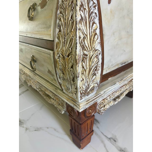 Metal Vintage Patinated Bombe Chest in Yellow Sage – Carved Details – French Provincial For Sale - Image 7 of 11