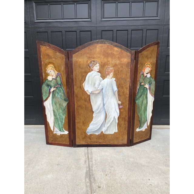 This unique vintage folding screen from the 1970s features a rare double-sided design, with each side painted by a...