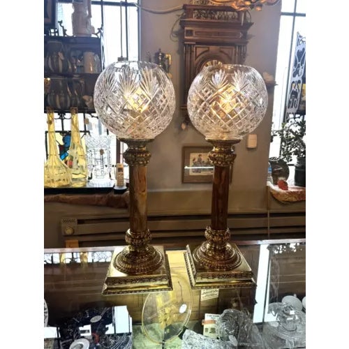 Pair of Brass and Marble with Cut Crystal Open Globe Torchiere Buffet Lamps. Late 20th Century in the style of High...