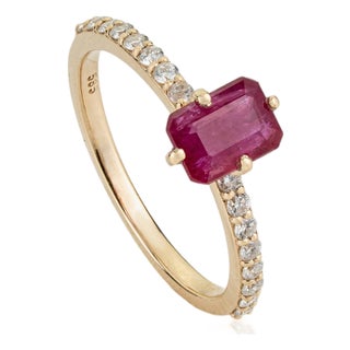 1.33ct Emerald Cut Ruby Solitaire Ring With Pave Diamonds in 14k Gold Size 6 For Sale