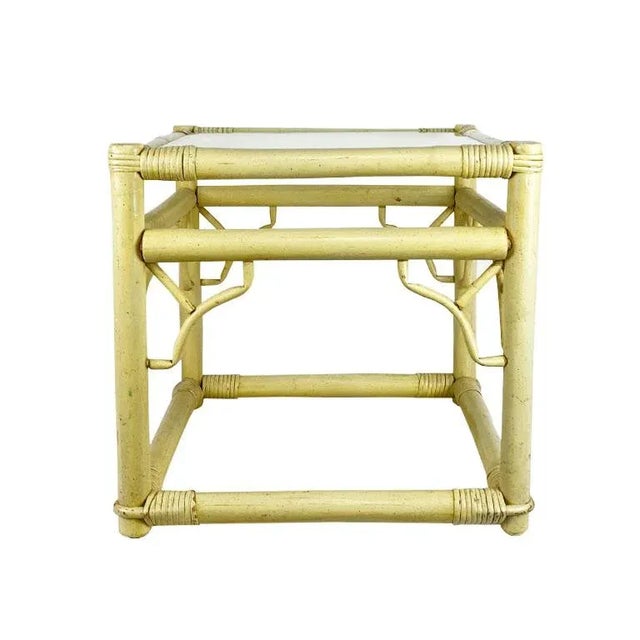 Late 20th Century Square Yellow Chippendale Bamboo and Rattan Side Table With Glass For Sale - Image 5 of 5