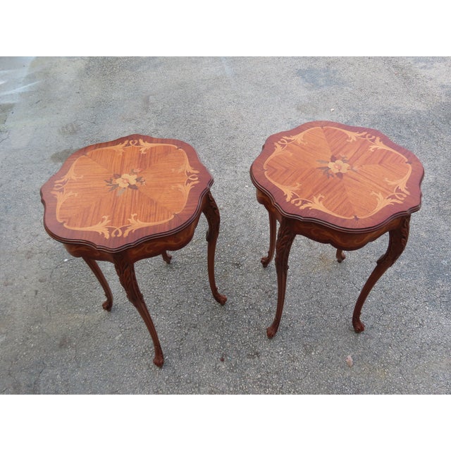 Early 1900s French Carved Inlay Round Side End Tables a Pair 6375a For Sale - Image 4 of 14
