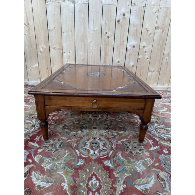 1980s Vintage French Coffee Table in Oak with Marble, 1980s For Sale - Image 5 of 8