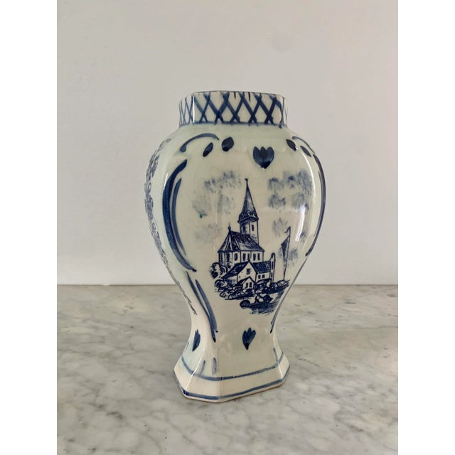 Blue Mid-Century Hand-Painted Delft Vase With Dutch Village Scene For Sale - Image 8 of 10