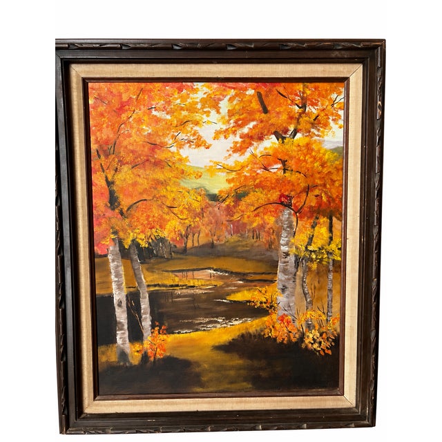 1970s Vintage Autumn Birch Trees & Winding Creek Landscape Painting in Dark Wood Frame For Sale - Image 5 of 6