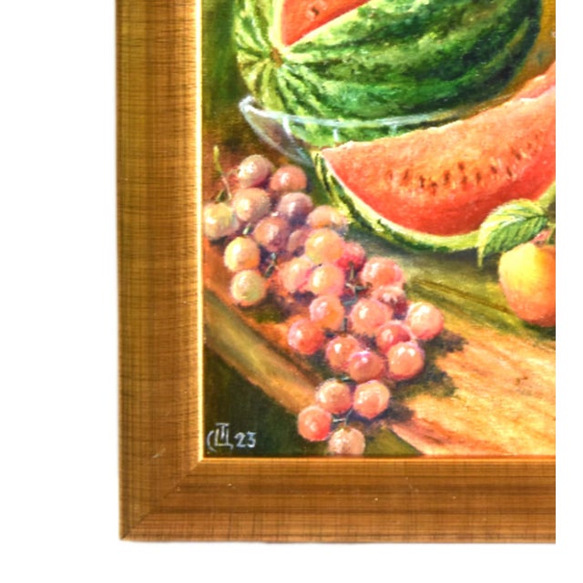 Impressionist oil painting on an artist's stretched canvas tablescape of a stretched artist's canvas is displayed in a...
