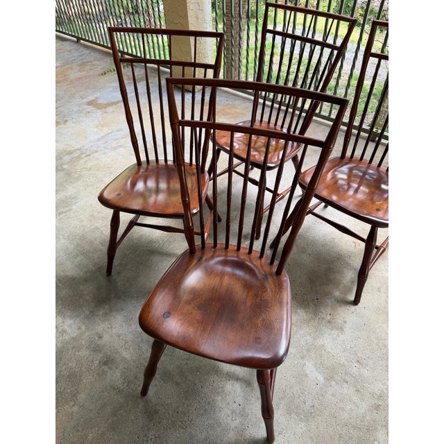Classic set of four vintage Birdcage dining chairs by Nichols & Stone. Windsor style with faux bamboo accent spindle backs...