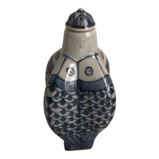 Chinese Blue & White Porcelain Koi Fish Bottle For Sale