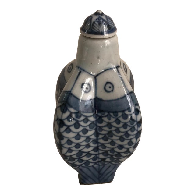 Chinese Blue & White Porcelain Koi Fish Bottle For Sale