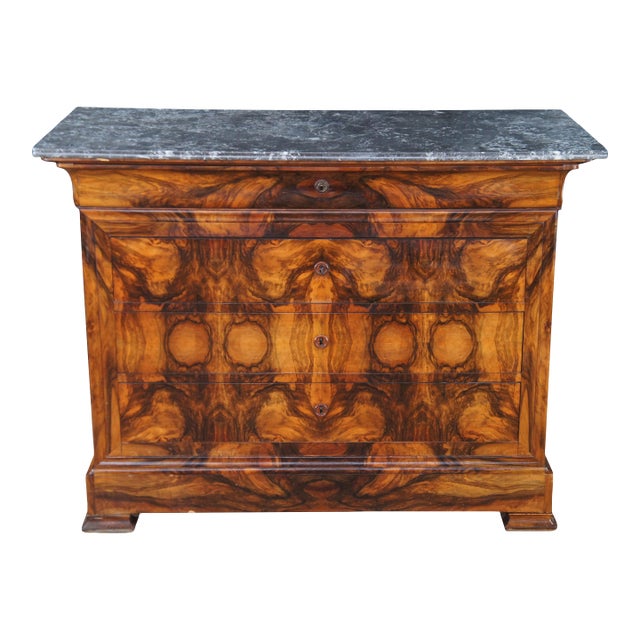 Antique 19th Century French Louis Philippe Walnut Burl Marble Top Commode Chest For Sale