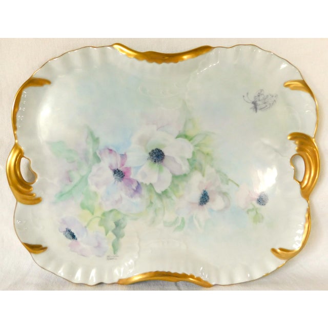 French Elegant Antique Porcelain Hand Painted Signed Floral 24k Gold Trim Perfume Tray W/ Handles For Sale - Image 3 of 11