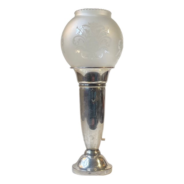 Small Art Deco Silver-Plated Table Lamp with Etched Glass Dome, 1930s For Sale