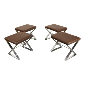 1970s Mid Century Modern Milo Baughman for Thayer Coggin Ostrich Leather 4 Chrome Stools