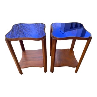 1920s Antique Art Deco Cobalt Blue Mirrored SideTables For Sale