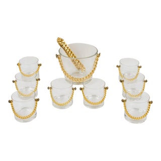 Barware Cocktail Set Ice Bucket and Glass, 9 Pieces With Gilded Chain, 1980s For Sale