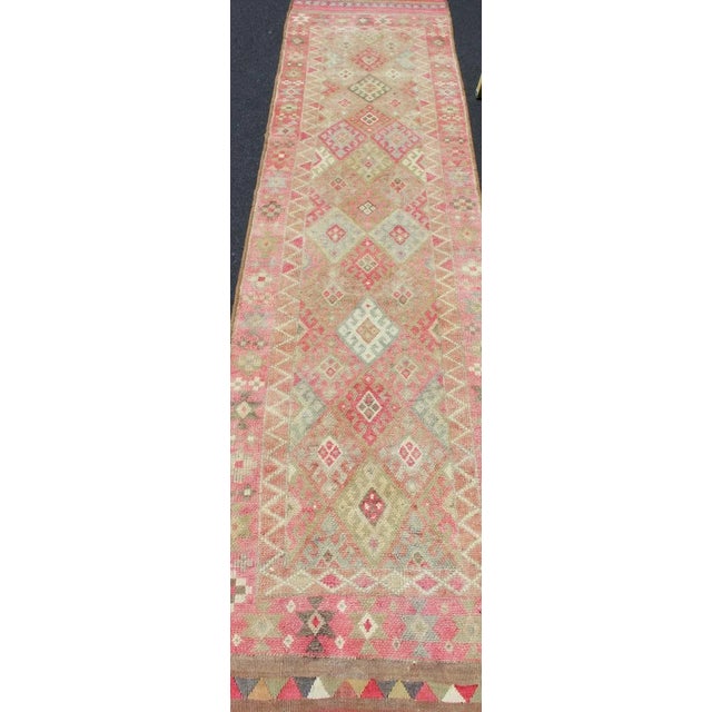 Mid 20th Century Geometric Kurdish Design Vintage Runner From Turkey in Pink, Red & Green Colors For Sale - Image 5 of 12