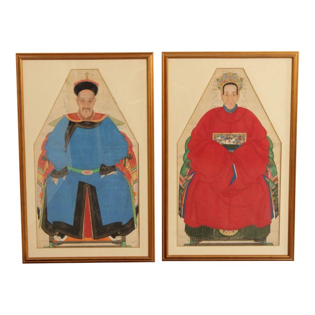 Antique Chinese Ancestral Watercolor Portraits - A Pair For Sale
