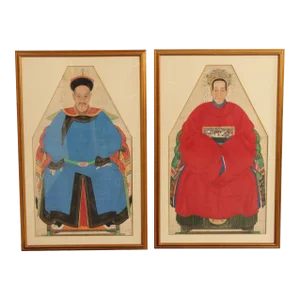 Antique Chinese Ancestral Watercolor Portraits - A Pair