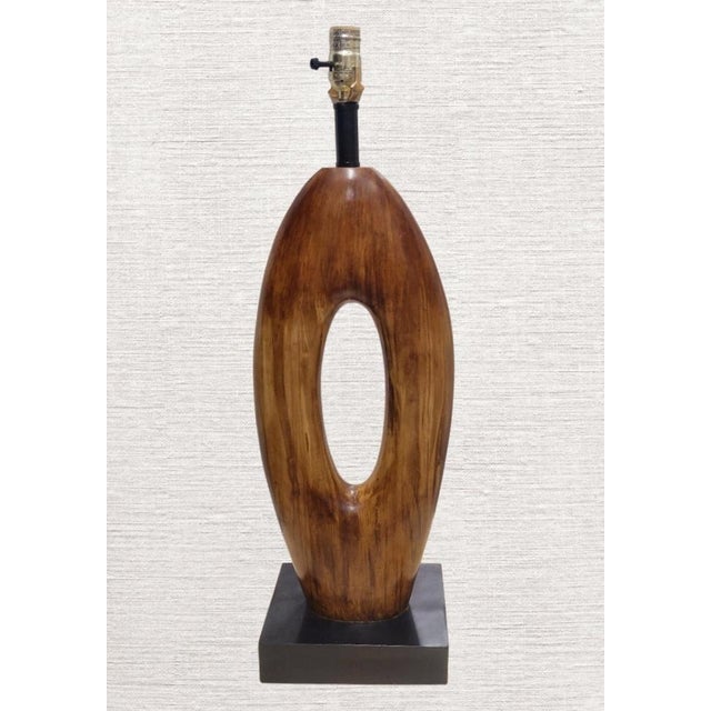 Vintage Extra Tall Organic Wood and Bone Mid Century Modern Open Oval Black Shade Table Lamps - a Pair For Sale - Image 13 of 15