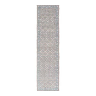 Modern Turkish Oushak Runner in Light Blue and Beige Tones With Allover Pattern For Sale