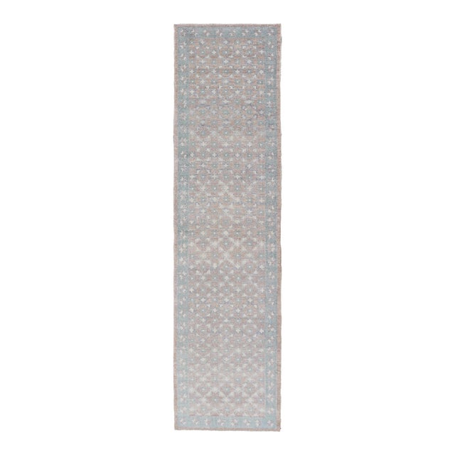 Modern Turkish Oushak Runner in Light Blue and Beige Tones With Allover Pattern For Sale