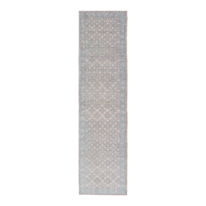 Modern Turkish Oushak Runner in Light Blue and Beige Tones With Allover Pattern