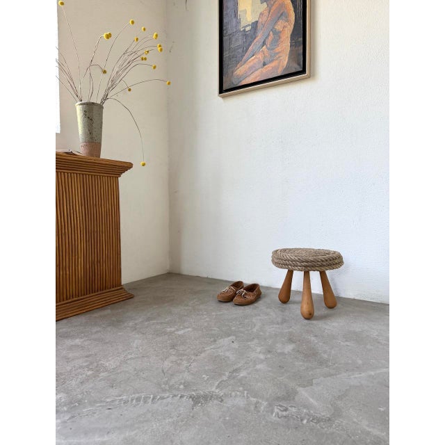 Rope and Oak Stool by Audoux and Minet, 1950s For Sale - Image 3 of 18