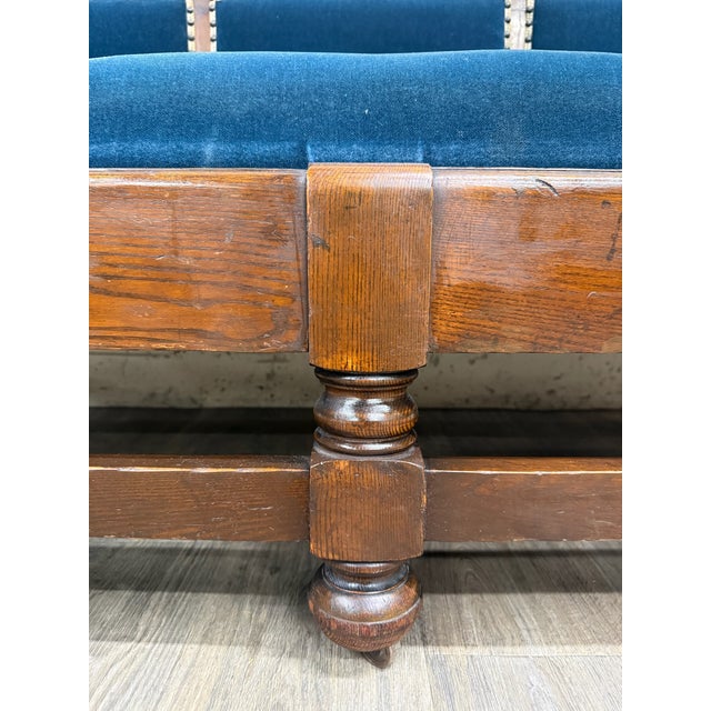 Antique Jacobean Revival Blue Velvet Upholstered Oak Hall Settee Daybed Bench For Sale - Image 4 of 18